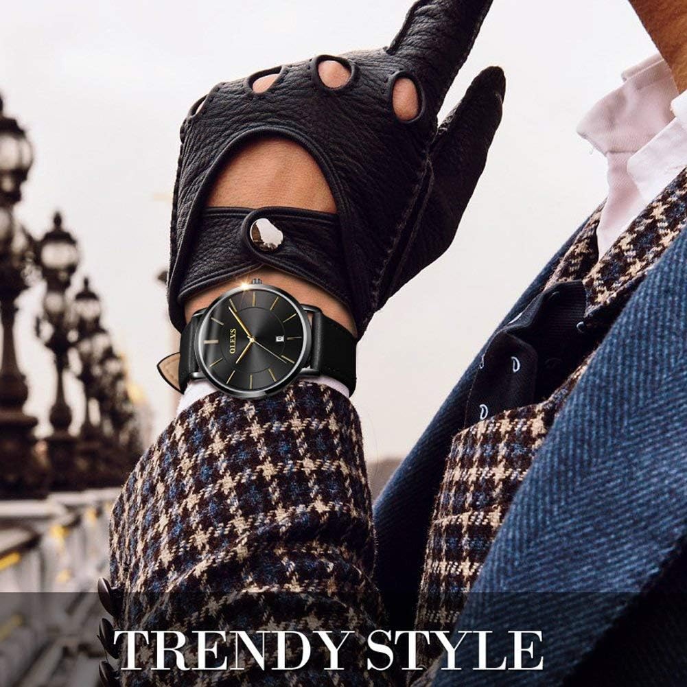 HOTOLEVS Men Leather Watches Black Ultra Thin 6.5mm Minimalist Dress Fashion Simple Casual Waterproof Date Watch for Men