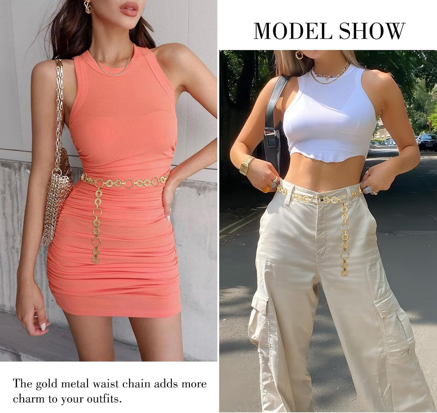 HOTWHIPPY Metal Waist Chain Belt Women Adjustable Body Link Belts Ladies Fashion Chain for Jeans Dress