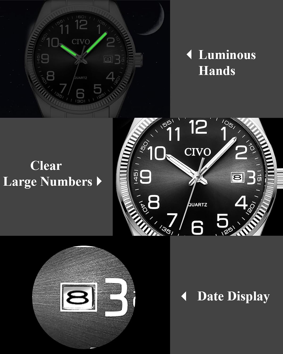 HOTCIVO Silver Analog Watches for Men: Stainless Steel Dress Wrist Watch Date | Classic, Easy to Read Large Numbers, Waterproof for Work, Formal, Gifts for Husband, Son, Father, Birthday, Anniversary