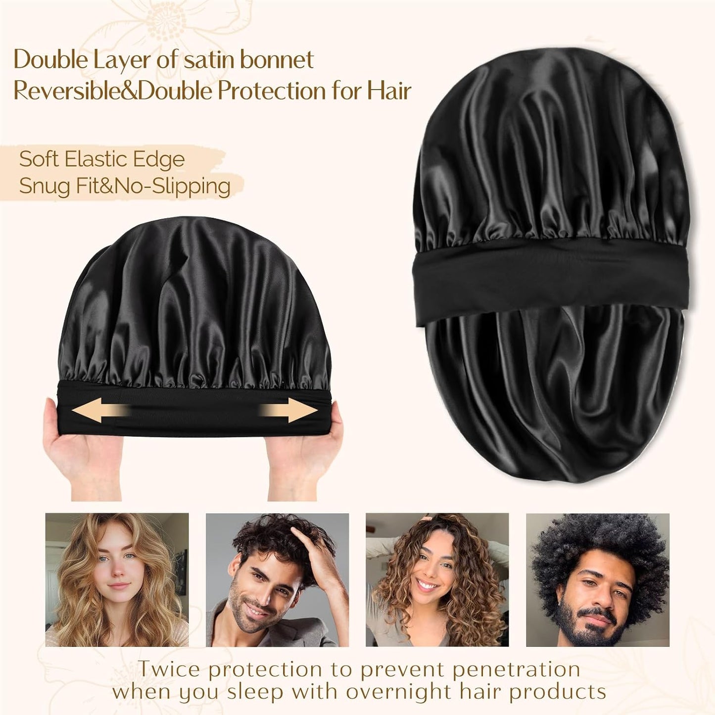 HOTYANIBEST Soft Satin Bonnet for Men Women, Sleep Cap to Maintain Moisture | Unisex Double Layer, Bonnet for Sleeping, Protect Hair, Natural Wave, Curly Coily, Reduce Frizz, Adjustable Sleep Hat