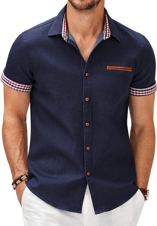 HOTCOOFANDY Men's Cotton Casual Short Sleeve Button Down Shirt Plaid Collar Denim Work Shirts