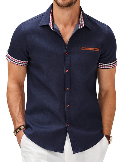 HOTCOOFANDY Men's Cotton Casual Short Sleeve Button Down Shirt Plaid Collar Denim Work Shirts