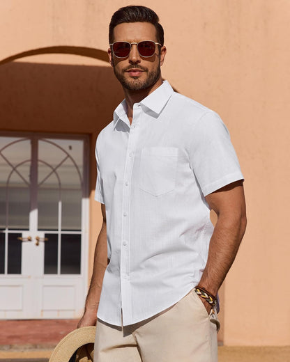 HOTMens Linen Textured Shirt Cotton Short Sleeve Summer Button Down Shirts | 100% Cotton, Linen-look Texture, Casual Wear, Breathable Feel, Lightweight, Untucked, Regular Fit, Beach, Vacation, Resort