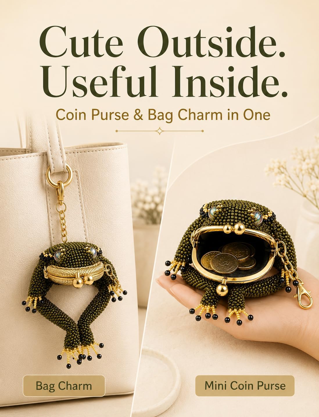 HOTFrog Coin Purse, Beaded Kiss Lock Keychain Pouch with Lucky Toad Design (2 PCS)