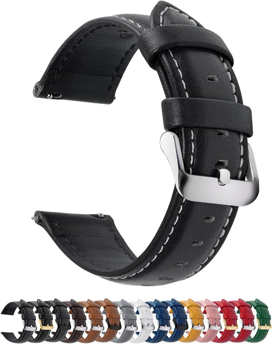 HOTFullmosa 19mm Quick Release Leather Watch Band | Traditional Smartwatch Replacement Strap for Women Men Formal Daily Commute, Black&Silver Buckle