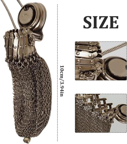 HOTHandmade 1920's English Coin Purse,Vintage Victorian Metal Mesh Coin Bag with Twist Lid,Gate Top & Chian Double Mesh Antique Change Purse