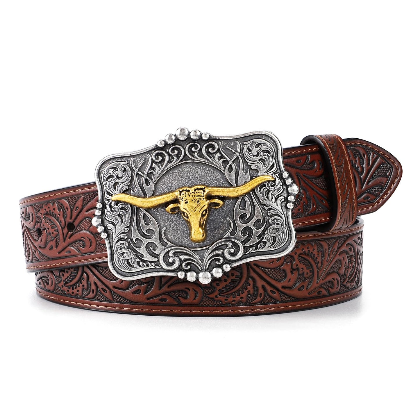 HOTCowboy Cowgirl Belt Western Belts for Men Women Floral Engraved Longhorn Bull Buckle Belt for Jeans