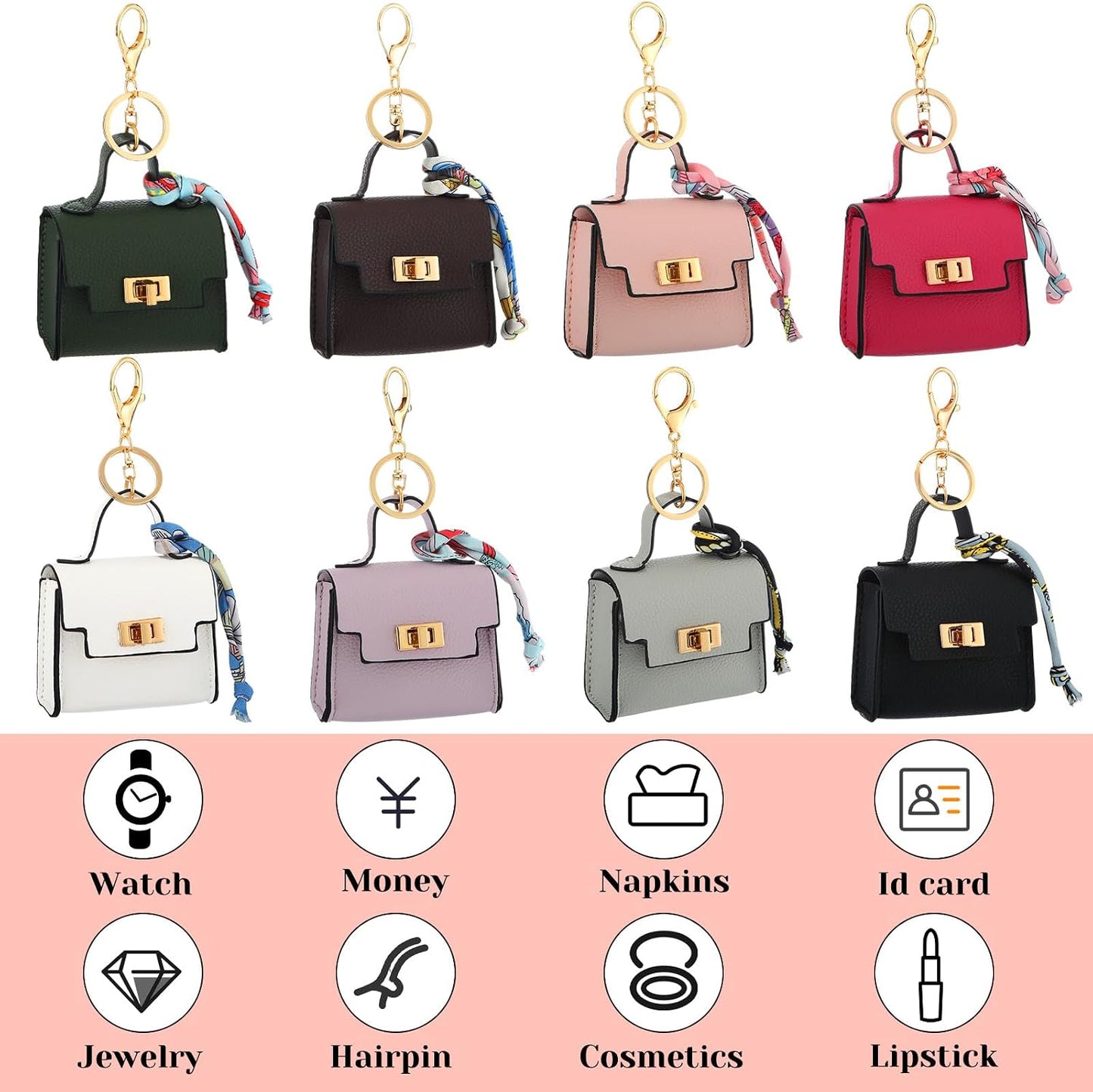 HOTLiliaafar 8 Pcs Mini Backpack Keychain Mini Coin Purses for Women Cute PU Leather Makeup Bag with Keychain Pocket Card Holder (8 Colors)