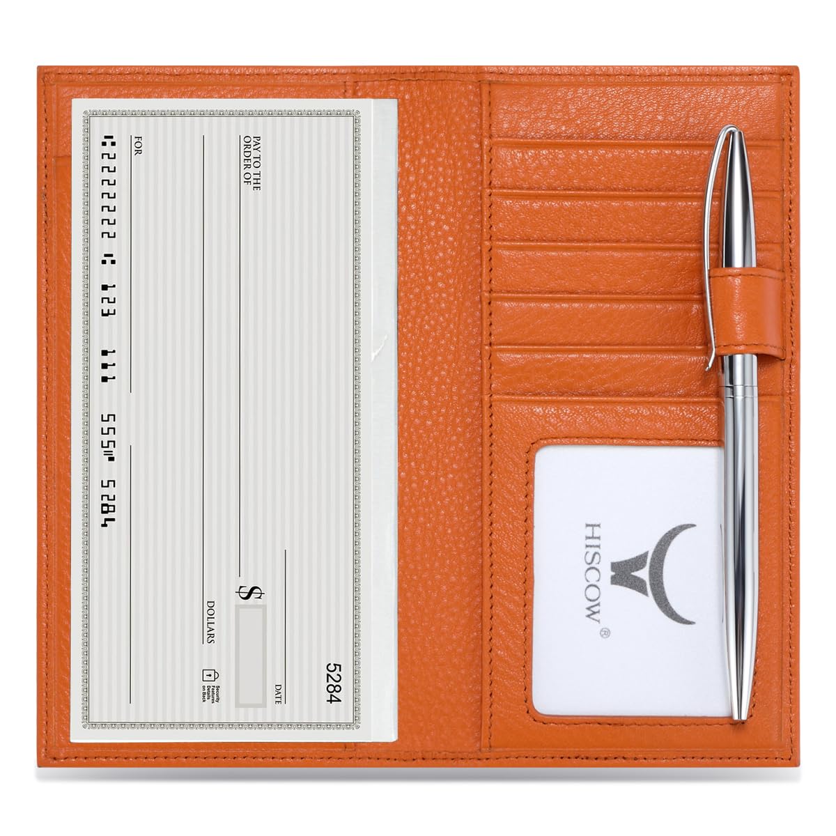 HOTHISCOW Leather Checkbook Cover with Card Slots & Pen Holder, Brown | Full grain cowhide, 5cc & ID window, personal check book & register pockets, removable duplicate divider, gifts for women men