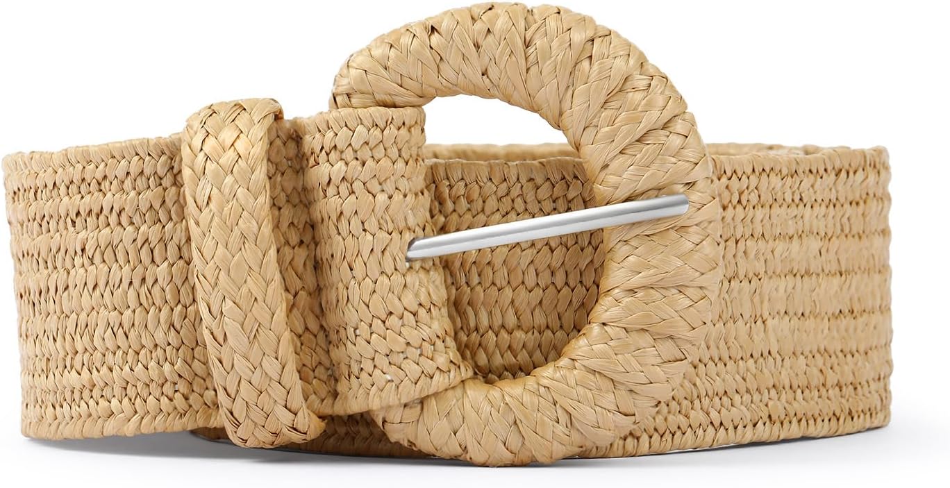 HOTStraw Belts for Women Stretchy Woven Belt with Oval Buckle Elastic Belt for Dress Boho Waist Belt