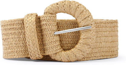 HOTStraw Belts for Women Stretchy Woven Belt with Oval Buckle Elastic Belt for Dress Boho Waist Belt