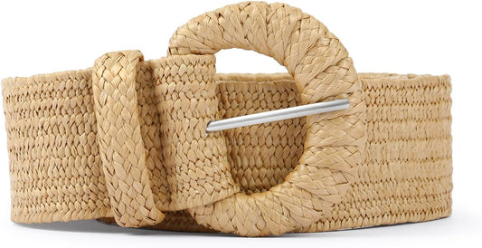 HOTStraw Belts for Women Stretchy Woven Belt with Oval Buckle Elastic Belt for Dress Boho Waist Belt
