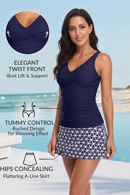 HOTTalisea Womens Tankini Bathing Suits with Skirt Two Piece Tummy Control Swimsuits Ladies Swimwear