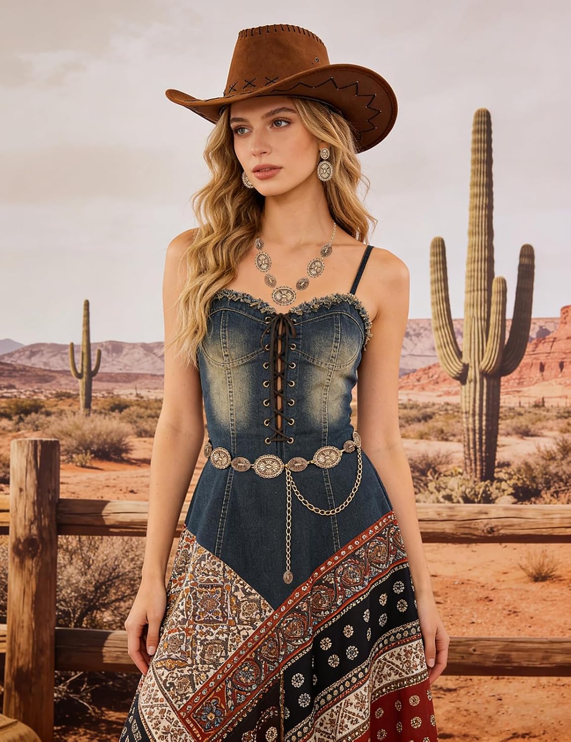 HOTTOPACC Western Metal Concho Belt for Women Cowgirl Chain Belts for Dresses Jeans Country Concert Outfit