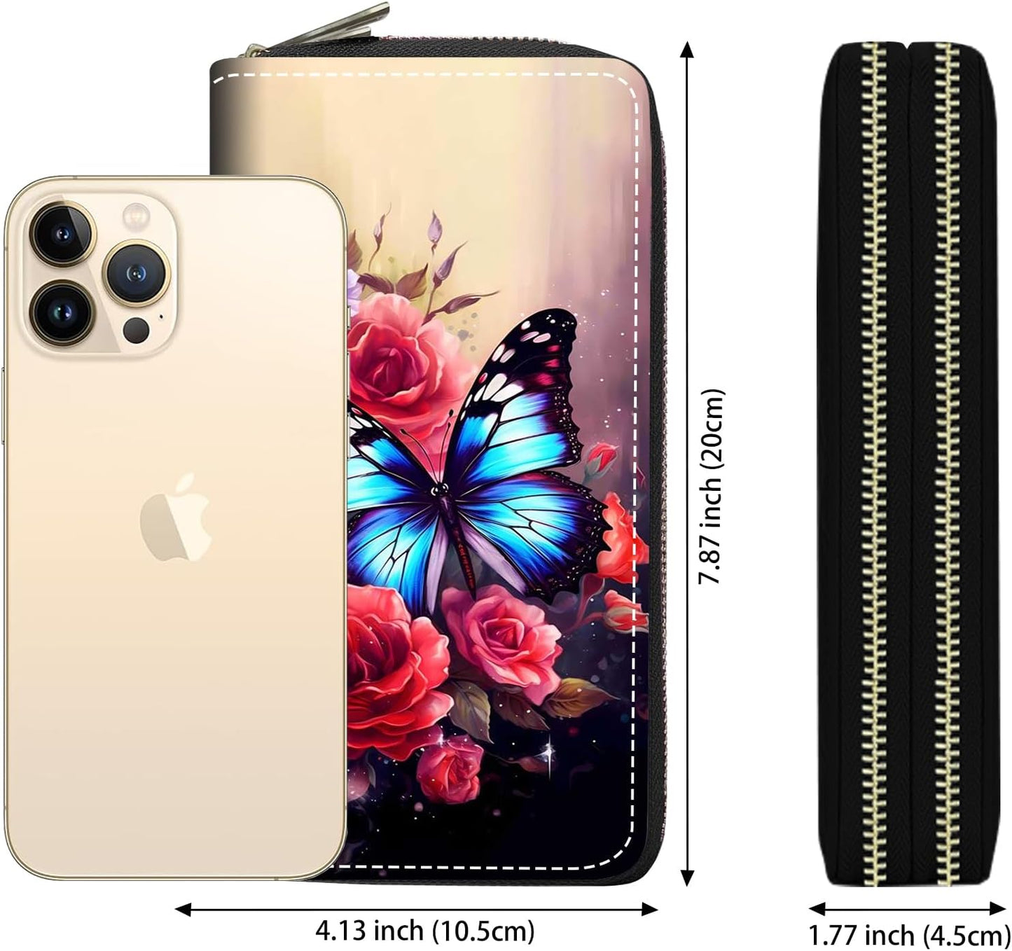 HOTWomen's Large Capacity Wallet PU Leather Double Zipper Clutch Purse Multifunctional Wallet with Removable Wristlet Strap for Smart Phone/Coin/Card/Cash, Flower Butterfly