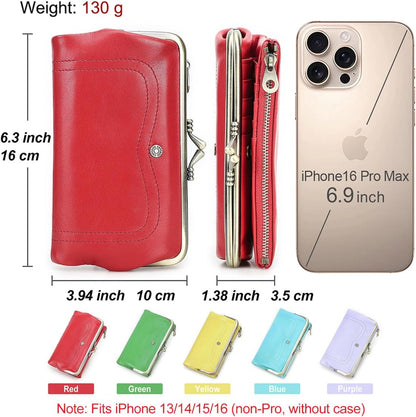 HOTCONTACTS Full Grain Goat Leather Kiss Lock Wallet for Women Vintage Clutch Wallet with Rfid Blocking Zipper Coin Purse (Red)