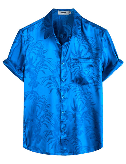 HOTVATPAVE Mens Silk Satin Hawaiian Shirt Short Sleeve Button Down Shirts | Hawaii, Summer, Beach, Vacation, Tropical, Resort Wear, Jacquard, Going Out, Rave, Cool, Club, Floral, Holiday, with Pocket