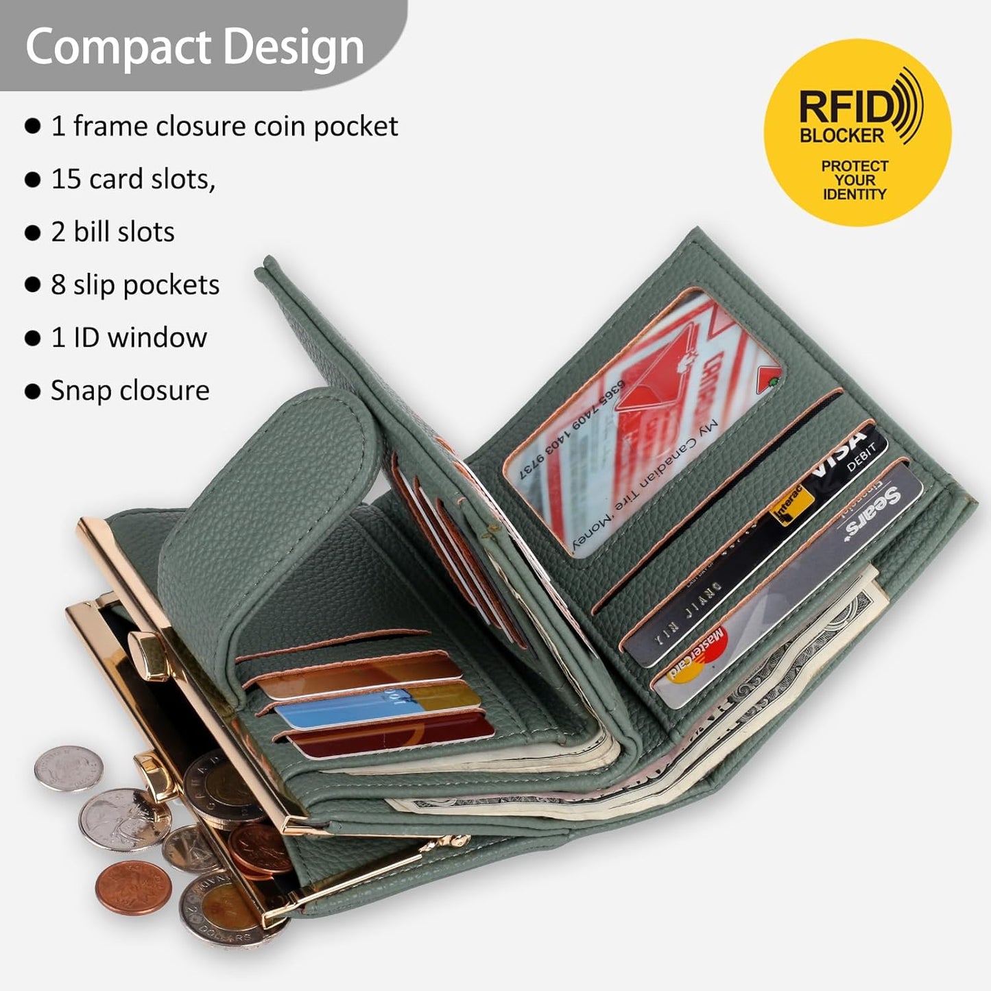 HOTJulia Buxton Women's RFID Blocking Wallet with 16 Card Slots & Coin Pocket, Snap Closure Trifold Purse Organizer,Classic Sage