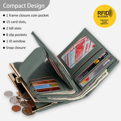 HOTJulia Buxton Women's RFID Blocking Wallet with 16 Card Slots & Coin Pocket, Snap Closure Trifold Purse Organizer,Classic Sage