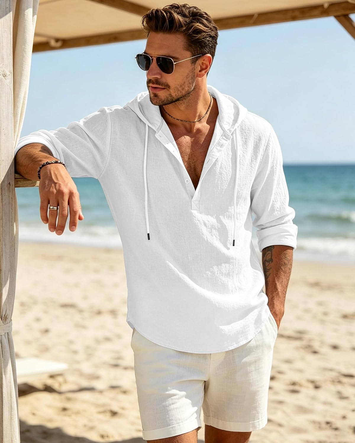 HOTMen's Cotton Linen Hoodies Casual Hooded Long Sleeve Button Down Shirts Lightweight Casual Hawaiian Beach Sweatshirts