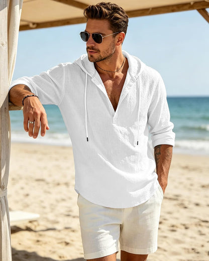 HOTMen's Cotton Linen Hoodies Casual Hooded Long Sleeve Button Down Shirts Lightweight Casual Hawaiian Beach Sweatshirts