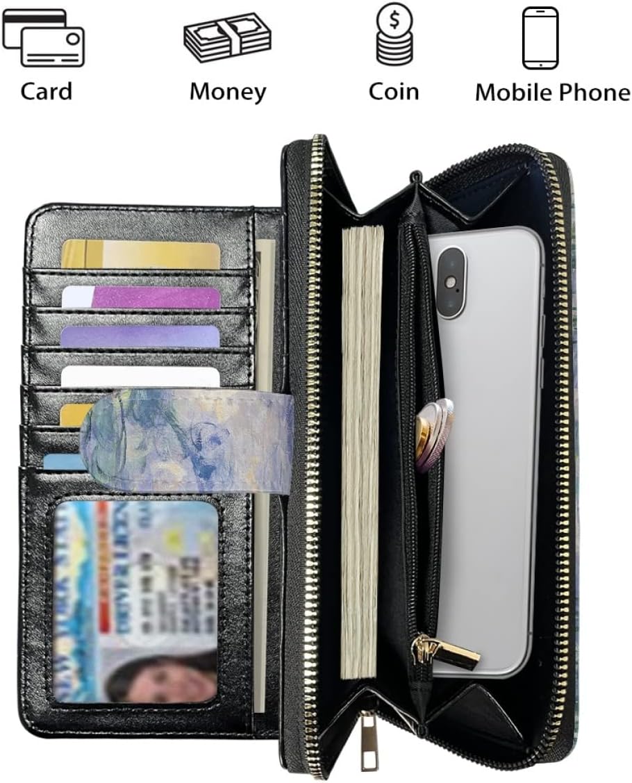 HOTjoo meryer Monet Oil Painting Flap Long Wallet Water Lilies Print Leather Wallet for Women Men,Monet Water Lilies