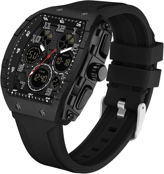 HOTfindtime Watches for Men Relojes para Hombres Wristwatch with Digital Analog Dual Time Display Countdown Stopwatch Punk Cool Design 5ATM Waterproof Mens Watch | Reloj de Hombre Rectangle Design Digital Analog Dual Time Display Countdown Stopwatch Punk