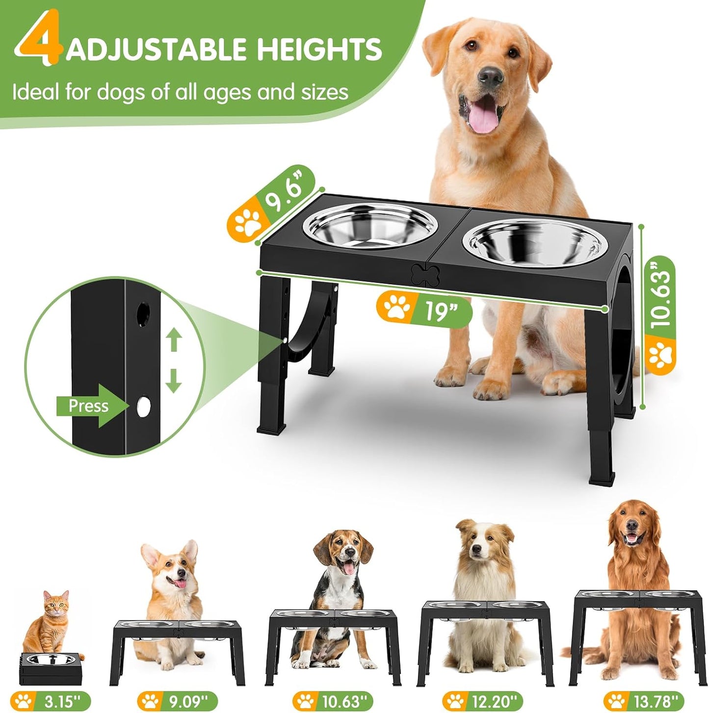 HOTXIAZ Elevated Dog Bowls Large Breed Raised Dogs Bowl Stand Large/Medium Sized Dog Stainless Steel Food Water Bowl Stands 5 Heights Adjustable 9/11/12/14in Black Pet Feeder Dish Station