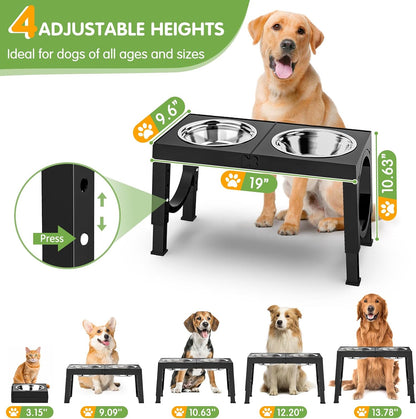 HOTXIAZ Elevated Dog Bowls Large Breed Raised Dogs Bowl Stand Large/Medium Sized Dog Stainless Steel Food Water Bowl Stands 5 Heights Adjustable 9/11/12/14in Black Pet Feeder Dish Station