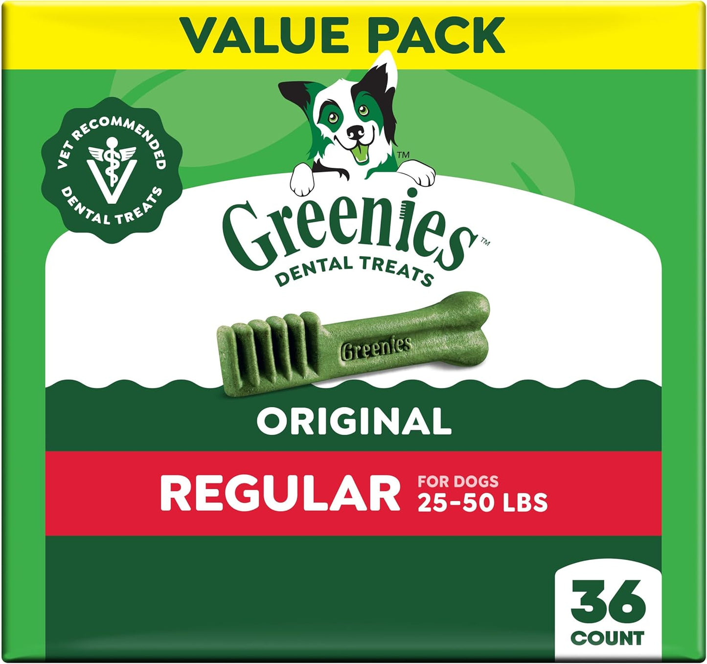 HOTGreenies Regular Dental Dog Treats, Original Chicken Flavor, 36 Count | Clinically-proven, veterinarian-recommended, 47% less tartar & 40% less plaque in 28 days, for dogs 25-50 lbs, 36 oz. Pack
