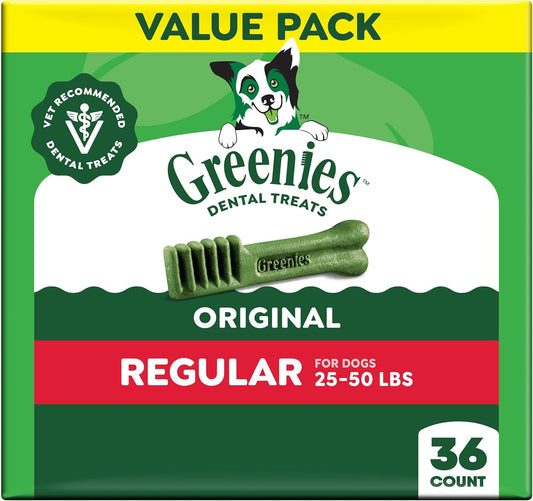HOTGreenies Regular Dental Dog Treats, Original Chicken Flavor, 36 Count | Clinically-proven, veterinarian-recommended, 47% less tartar & 40% less plaque in 28 days, for dogs 25-50 lbs, 36 oz. Pack