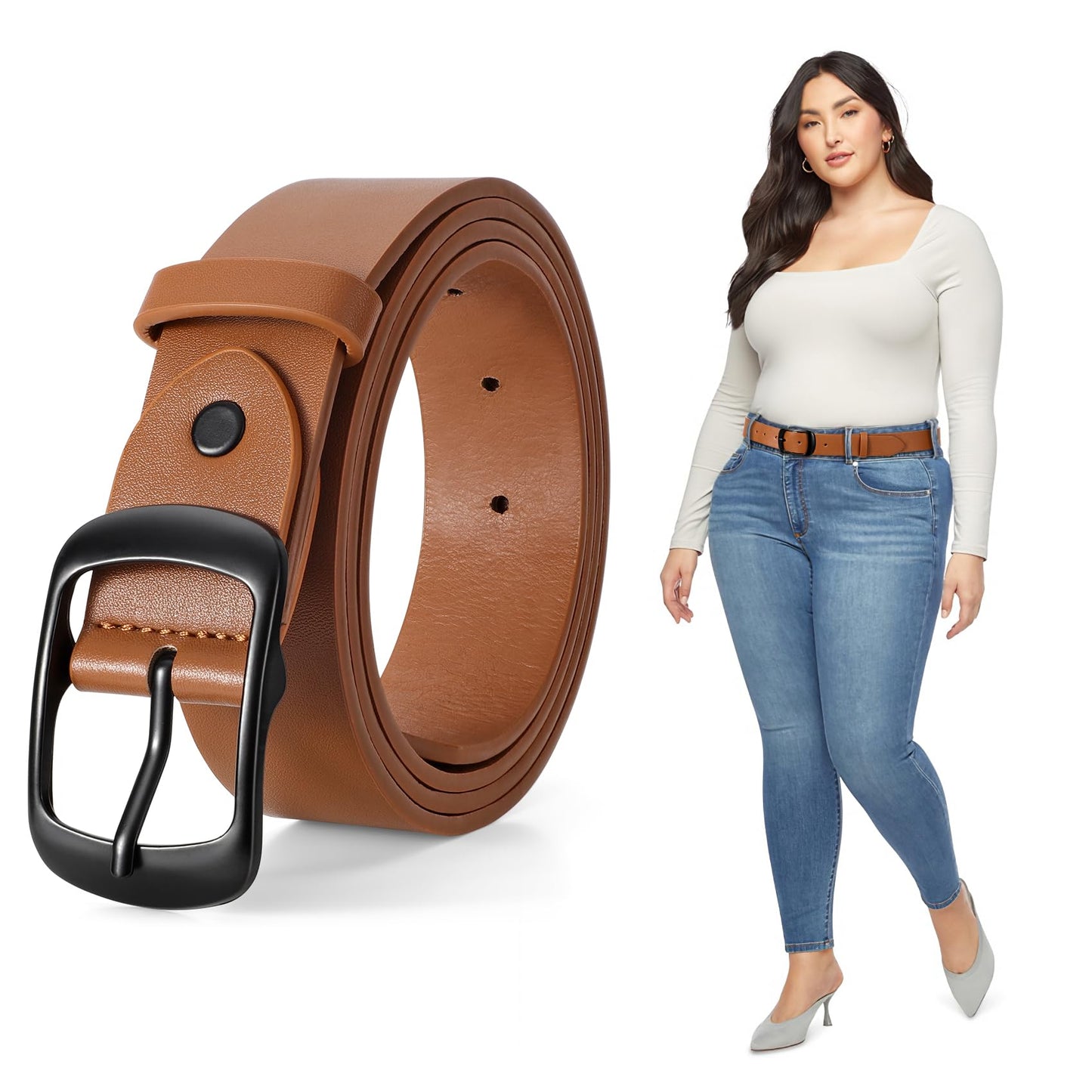 HOTJASGOOD Plus Size Women Leather Belt Black Casual Waist Belt for Jeans Pants with Metal Pin Buckle