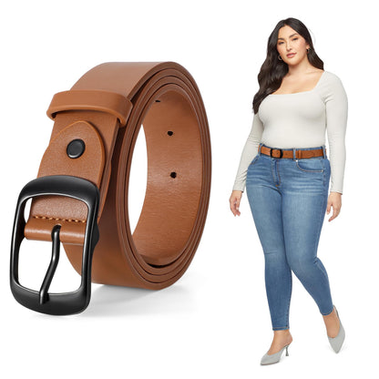HOTJASGOOD Plus Size Women Leather Belt Black Casual Waist Belt for Jeans Pants with Metal Pin Buckle