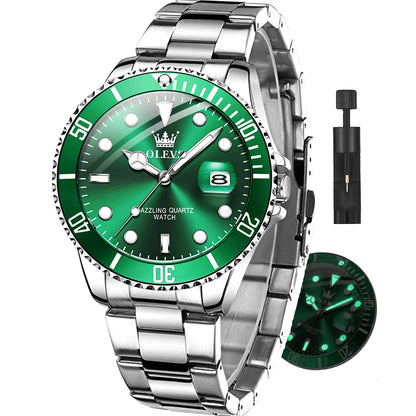 HOTOLEVS Watches for Men with Date Luxury Big Face Waterproof Mens Wristwatch Analog Dress Two Tone Stainless Steel Man Watch Luminous Relojes De Hombre Calendar(Green/Blue/Black Dial