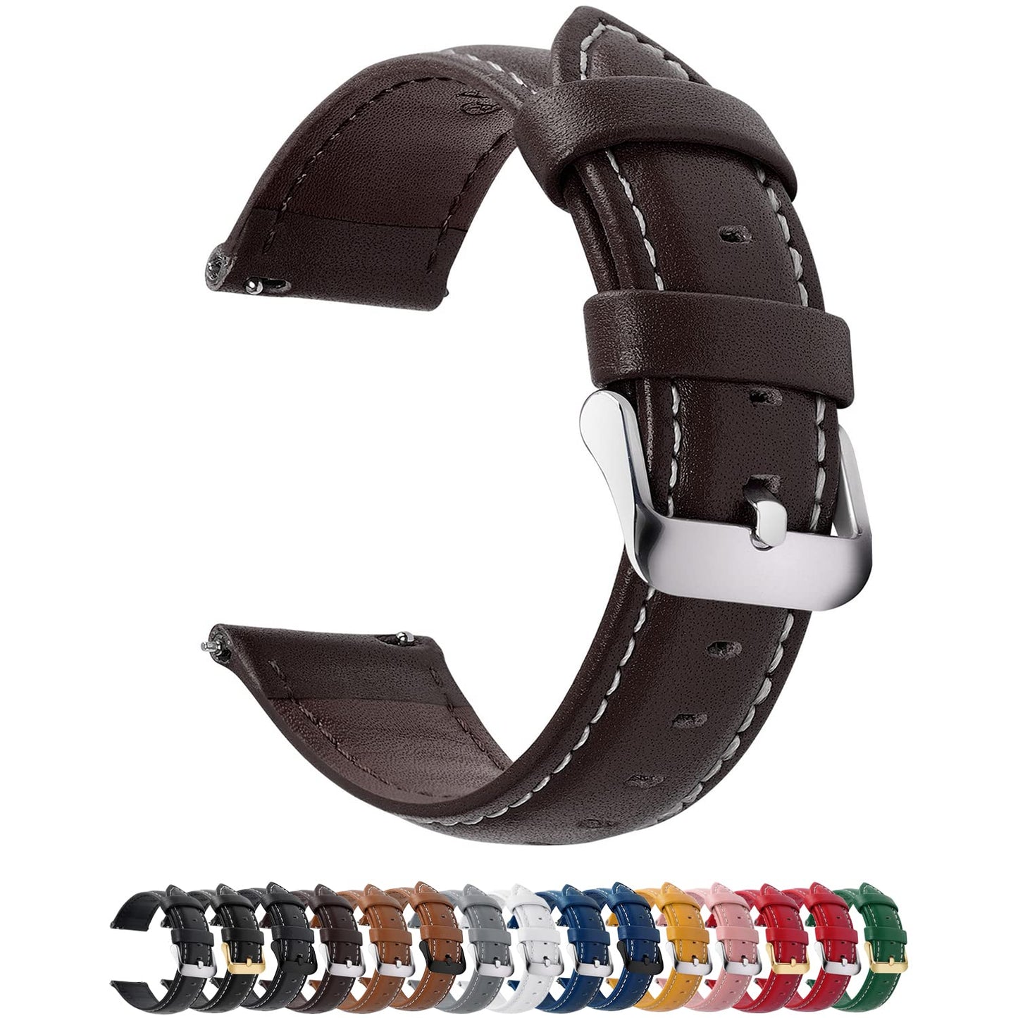 HOTFullmosa 24mm Quick Release Leather Watch Band | Traditional Smartwatch Replacement Strap for Women Men Formal Daily Commute, Black&Silver Buckle