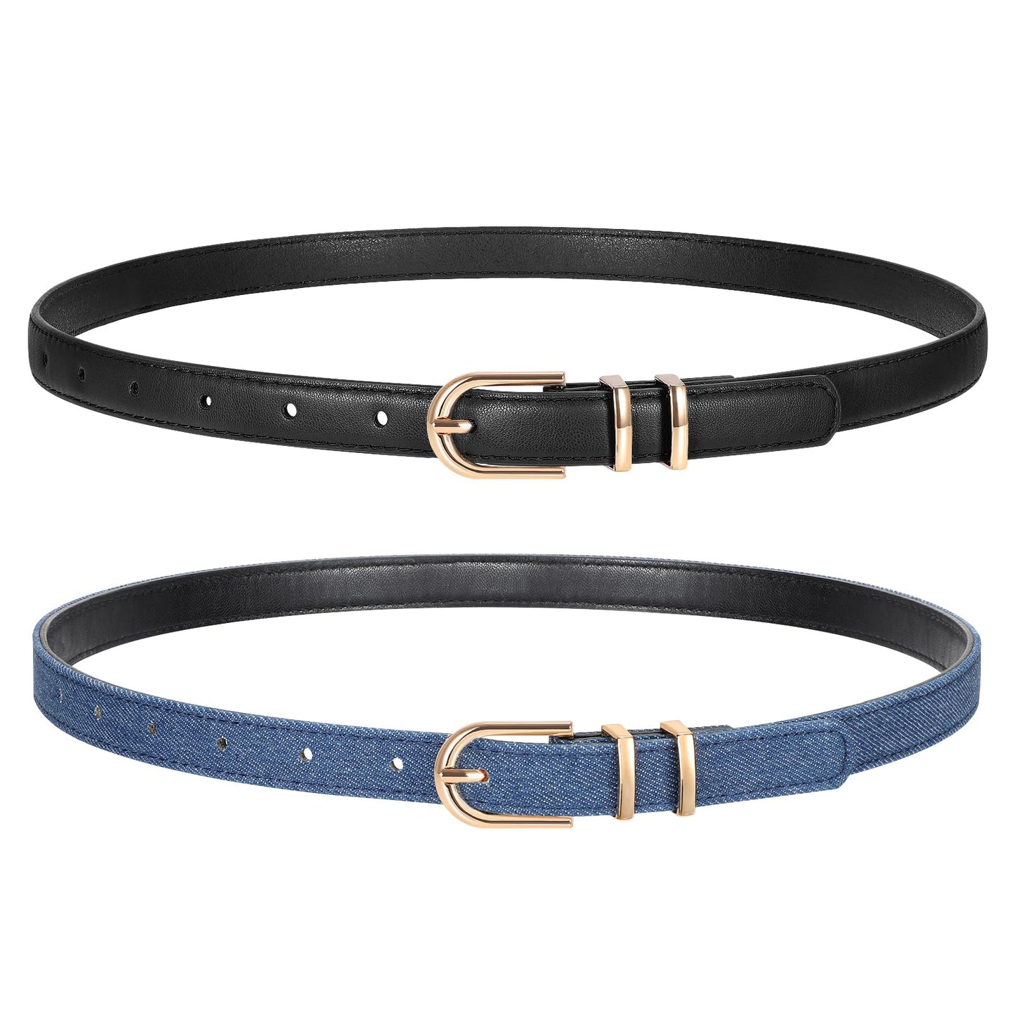 HOTTRIWORKS 2 Pack Women Skinny Leather Belts for Jeans Pants Thin Faux Leather Belt with Gold Buckle