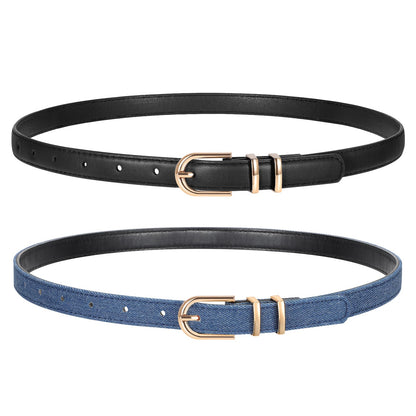 HOTTRIWORKS 2 Pack Women Skinny Leather Belts for Jeans Pants Thin Faux Leather Belt with Gold Buckle