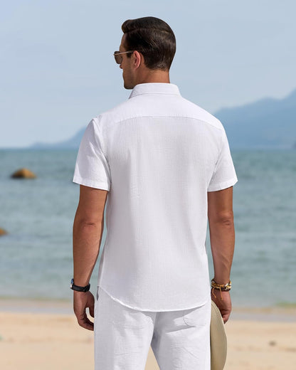 HOTJ.VER Mens Linen Shirt Short Sleeve Button Down Casual Summer Shirts | Cotton Linen, Untucked, Big Tall, from Beach Camp Vacation, Cruise Fishing, Work Office, to Wedding Party Family, with Pocket