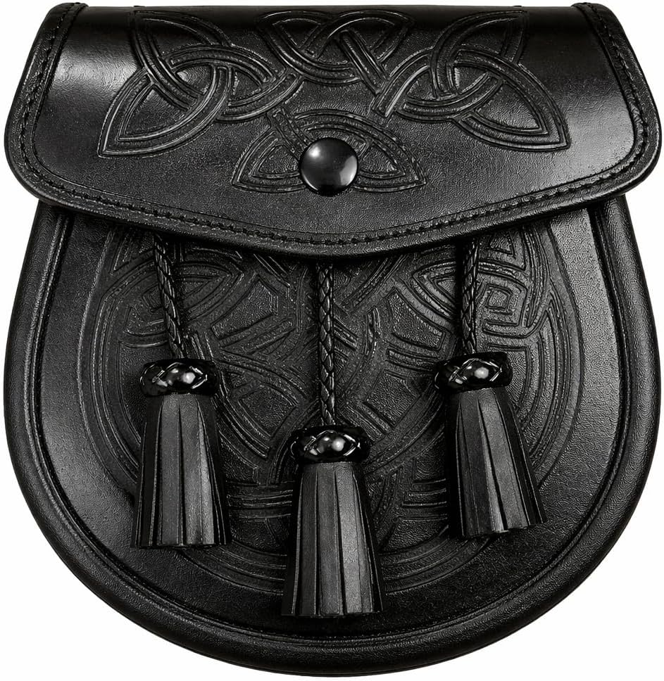 HOTBlack Leather Double Embossed 3 tassels Kilt Sporran w/Chain and Belt