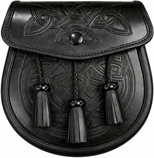 HOTBlack Leather Double Embossed 3 tassels Kilt Sporran w/Chain and Belt