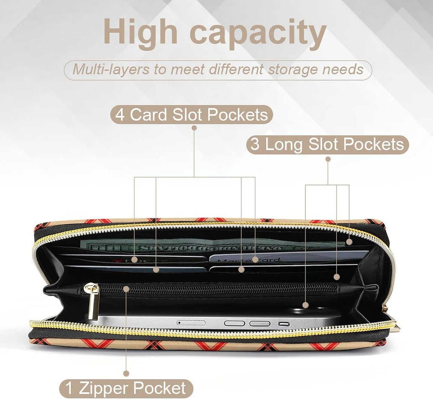 HOTFashion Decor Wallet, Long PU Zipper Wallet, Travel Purse Fashion Design, Huge Storage Capacity Wallet Compatible with Black Red Beige And White Plaid Tartan Flannel
