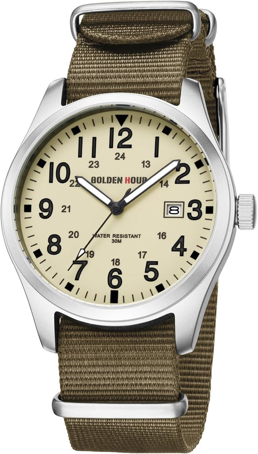 HOTGOLDEN HOUR Men's Nylon Slip-Thru Strap Watch with Military Time Easy Read Dial Glowing Hands