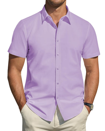 HOTJ.VER Men's Short Sleeve Dress Shirts Stretch Stain Shield Casual Button Down Shirts Solid Formal Shirt