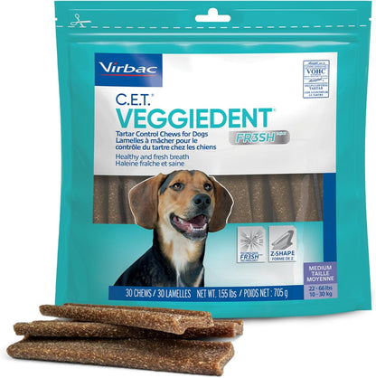 HOTC.E.T. Veggiedent Fr3sh Plaque and Tartar Control Chews for Dogs, Medium | Vet recommended dental chews, plant-based formula, supports canine digestive health, VOHC approved for plaque & tartar