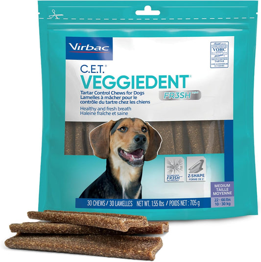 HOTC.E.T. Veggiedent Fr3sh Plaque and Tartar Control Chews for Dogs, Medium | Vet recommended dental chews, plant-based formula, supports canine digestive health, VOHC approved for plaque & tartar