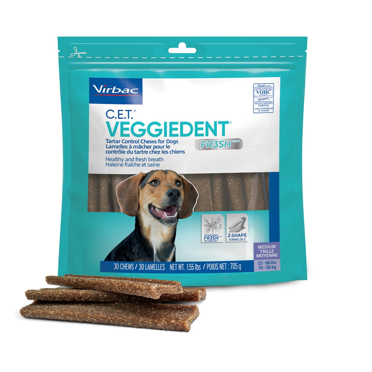 HOTC.E.T. Veggiedent Fr3sh Plaque and Tartar Control Chews for Dogs, Medium | Vet recommended dental chews, plant-based formula, supports canine digestive health, VOHC approved for plaque & tartar