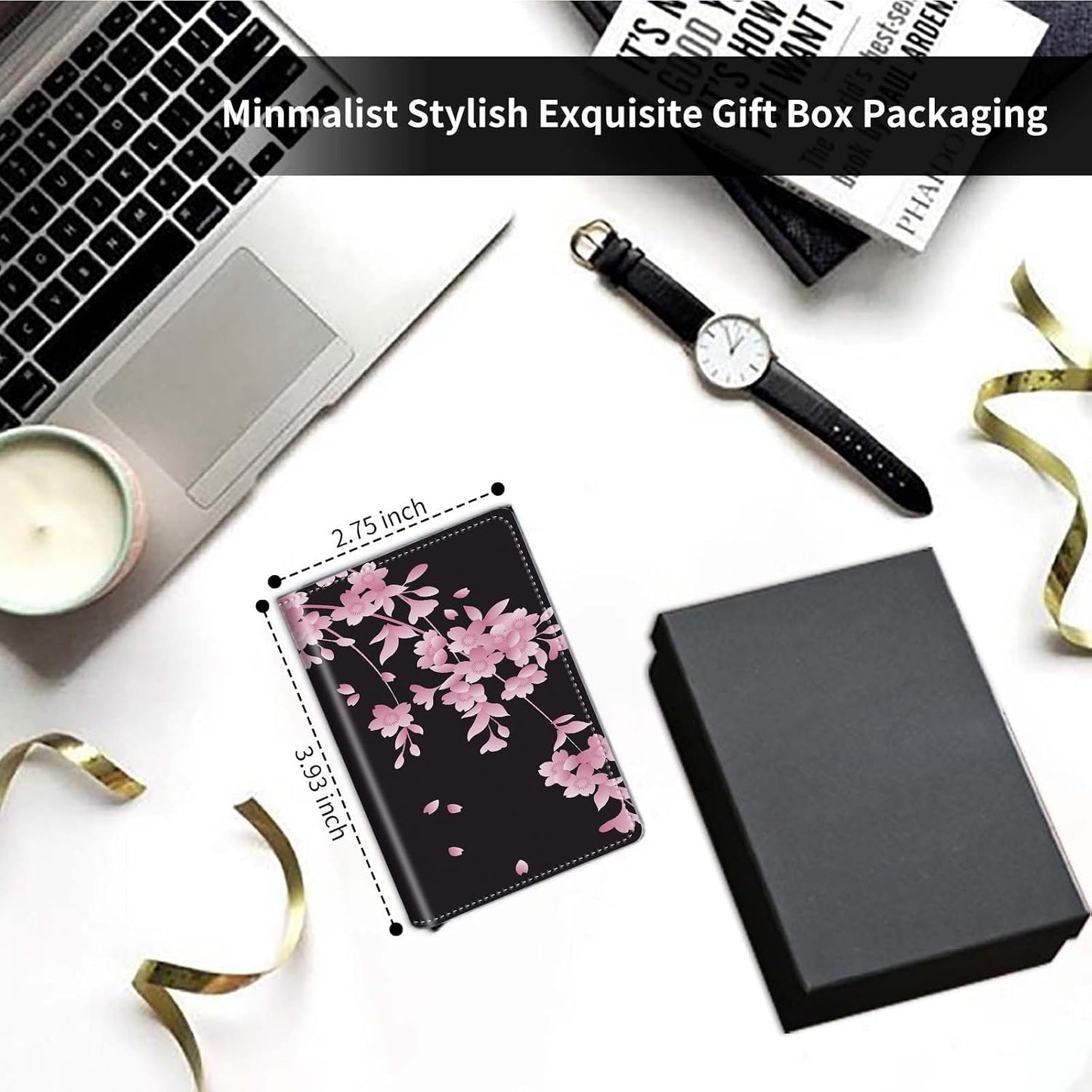 HOTPop Up Wallet Women Men with Money Slot,RFID Blocking Leather Minimalist Automatic Credit Card Holder Business Trifold Card Case-Cherry Blossoms