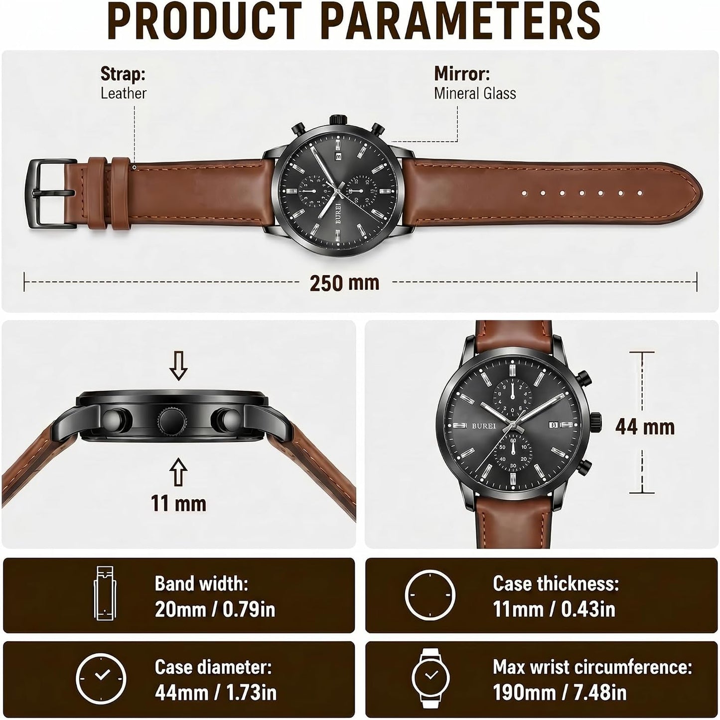 HOTBUREI Men's Leather Watches Chronograph Quartz Watches for Men Classic Cool Lightweight Wristwatch,Gift for Dad Husband Boyfriend