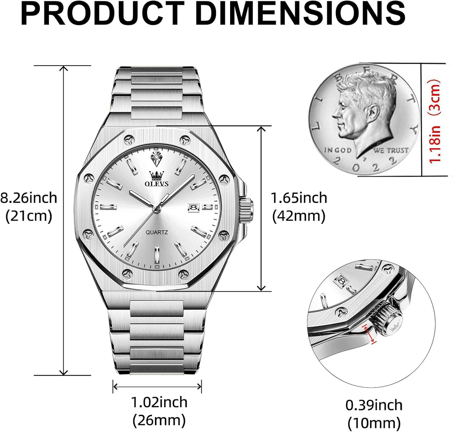 HOTOLEVS Mens Watches Octagonal Luxury Stainless Steel Dress Watches for Men Quartz Analog Large Face Luminous Relojes para Hombres