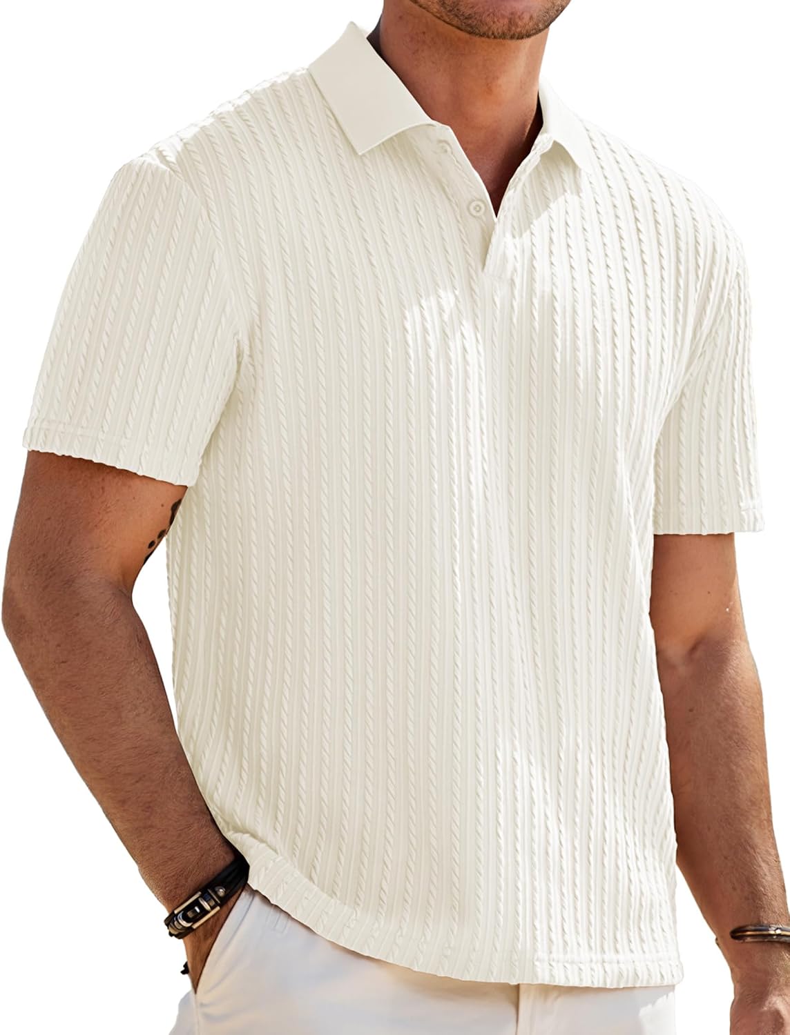 HOTJMIERR Mens Casual Polo Shirt Summer Short Sleeve Vacation Button Beach Knit Stretchy Golf Shirts